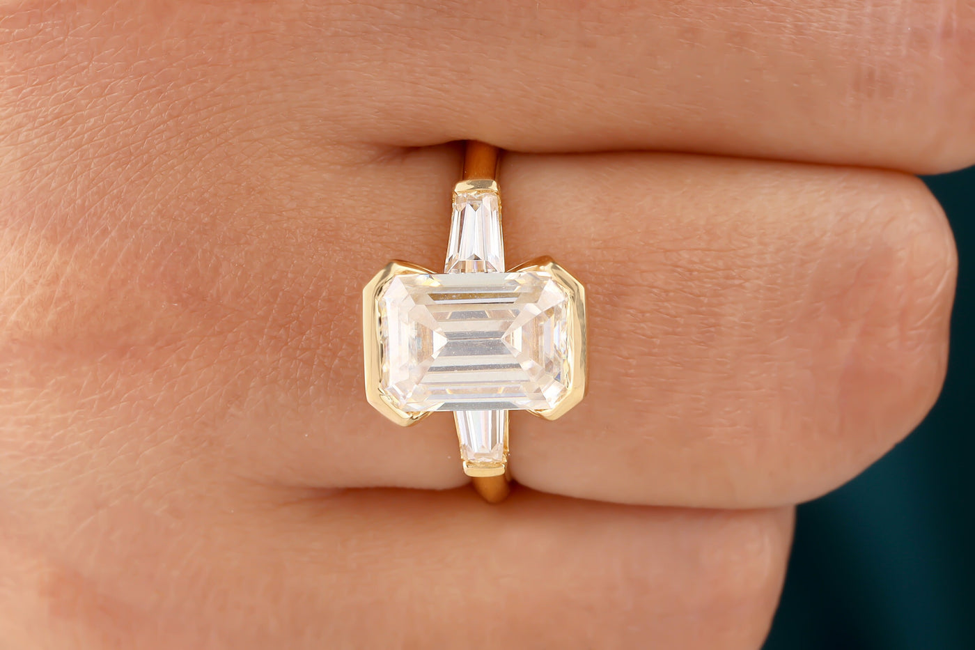 Three Stone Solitaire Ring, 2.50 Ct Emerald Cut Colorless Moissanite Engagement Ring, Tapered Baguette Wedding Ring, 14K Yellow Gold Ring