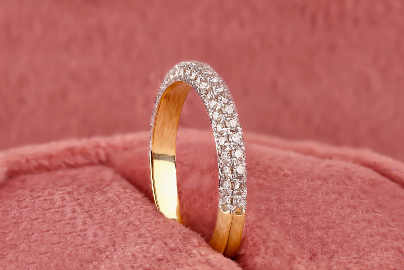 Half Eternity Matching Band, Round Cut Colorless Moissanite Wedding Band, Solid 14K Yellow Gold Band, Pave Accents Solitaire Band For Women