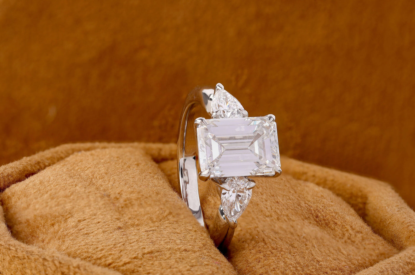 3.20 Carat Emerald Cut Moissanite Ring, Pear Cut Moissanite Wedding Ring, Three Stone Ring, Moissanite Engagement Ring, 14K White Gold Ring