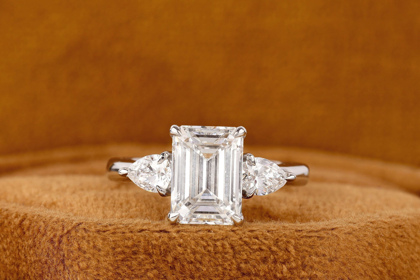 3.20 Carat Emerald Cut Moissanite Ring, Pear Cut Moissanite Wedding Ring, Three Stone Ring, Moissanite Engagement Ring, 14K White Gold Ring