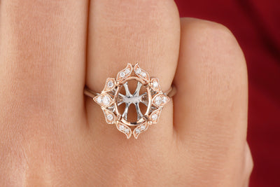 Mount Ring, Oval Cut Moissanite Engagement Ring, Vintage Halo Moissanite Wedding Ring, 14K Rose Gold Ring, Art Deco Ring, Classic Women Ring