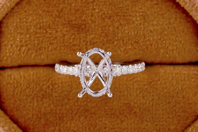 Oval Cut Moissanite Semi Mount Ring, Half Eternity Moissanite Engagement Ring, 14K White Gold Ring, Moissanite Wedding Ring, Promise Ring
