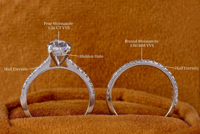 1.50 CT Pear Cut Colorless Moissanite Engagement Ring Set, Bridal Ring Set, Hidden Halo Moissanite Wedding Ring Set, 14K White Gold Ring Set
