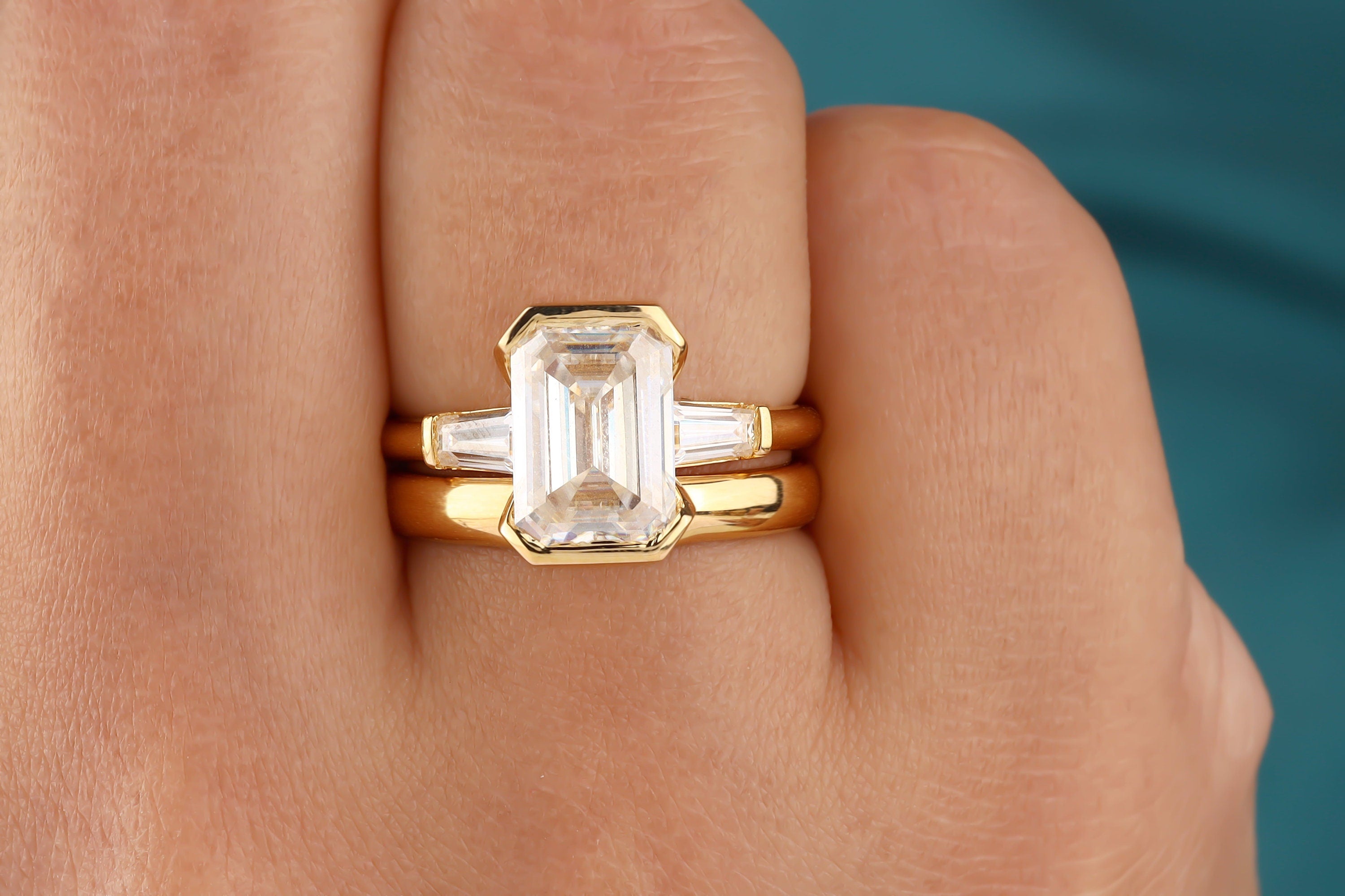 Bridal Ring Set, 2.50 Ct Emerald Cut Colorless Moissanite Engagement Ring, 14K Yellow Gold Ring, Three Stone Solitaire Ring Set, Plan Band