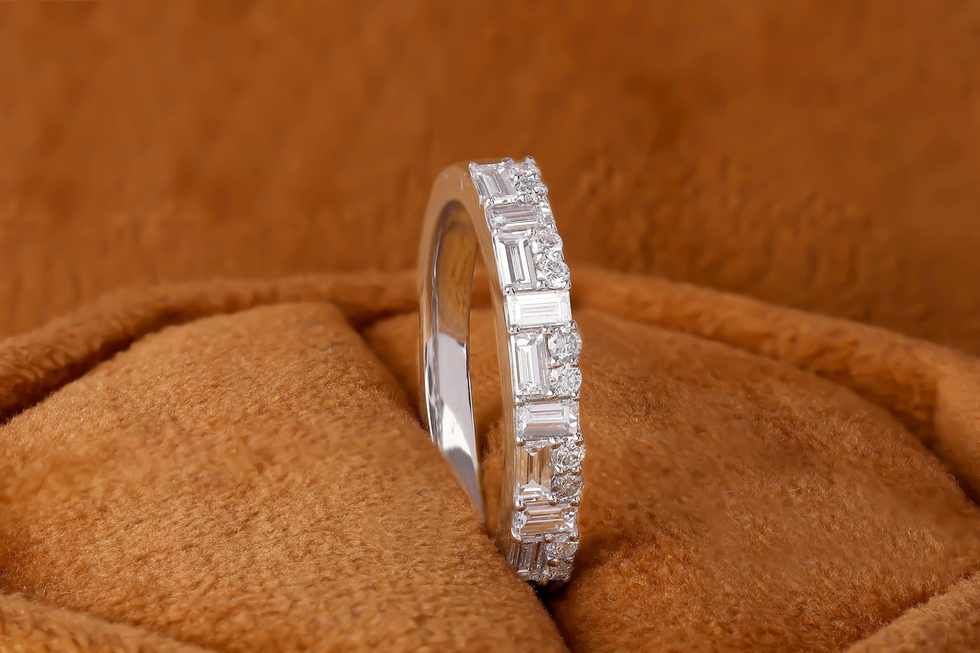 Vintage Baguette Moissanite Band, Solid 14K White Gold Band, Baguette Cut Moissanite Wedding Band, Half Eternity Stacking Band, Promise Band