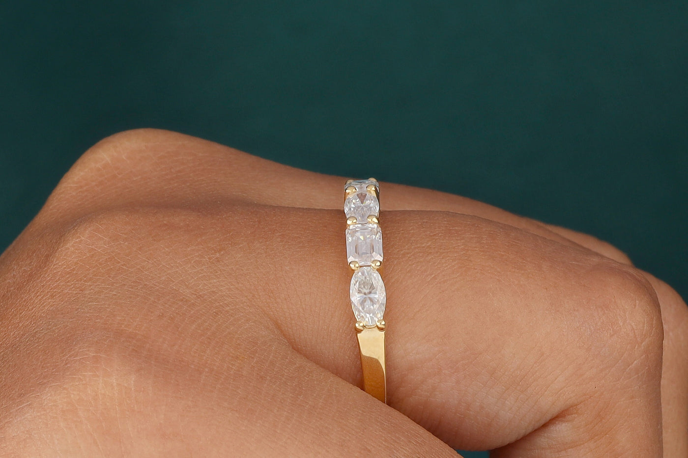 Oval &amp; Emerald Cut Colorless Moissanite Wedding Band, Solid 14K Yellow Gold Band, Half Eternity Matching Band, Alternating Stacking Band