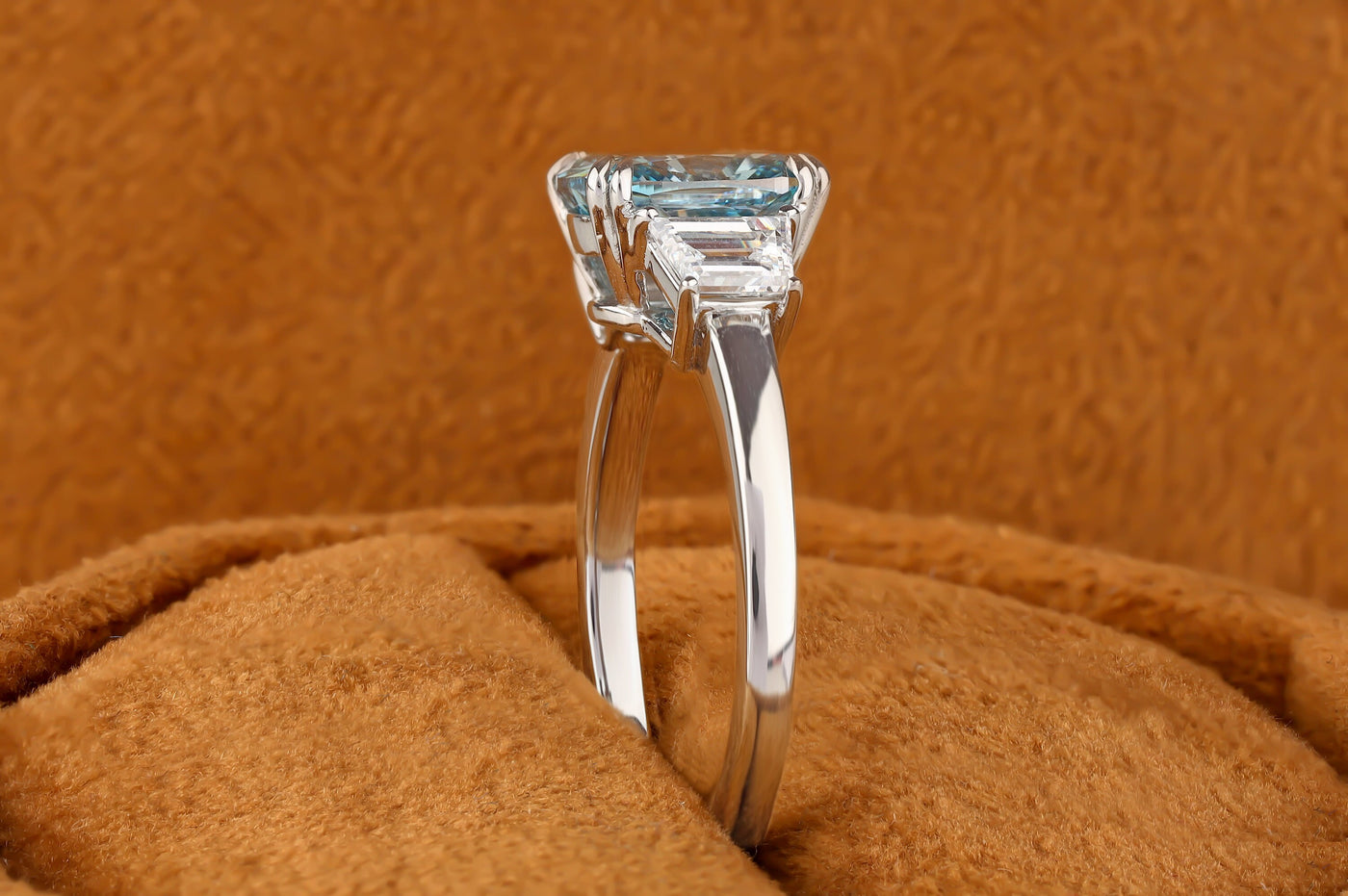 3 Ct Elongated Cushion Cut Aquamarine Gemstone Ring, Three Stone Moissanite Engagement Ring, Solitaire Wedding Ring, Solid White Gold Ring
