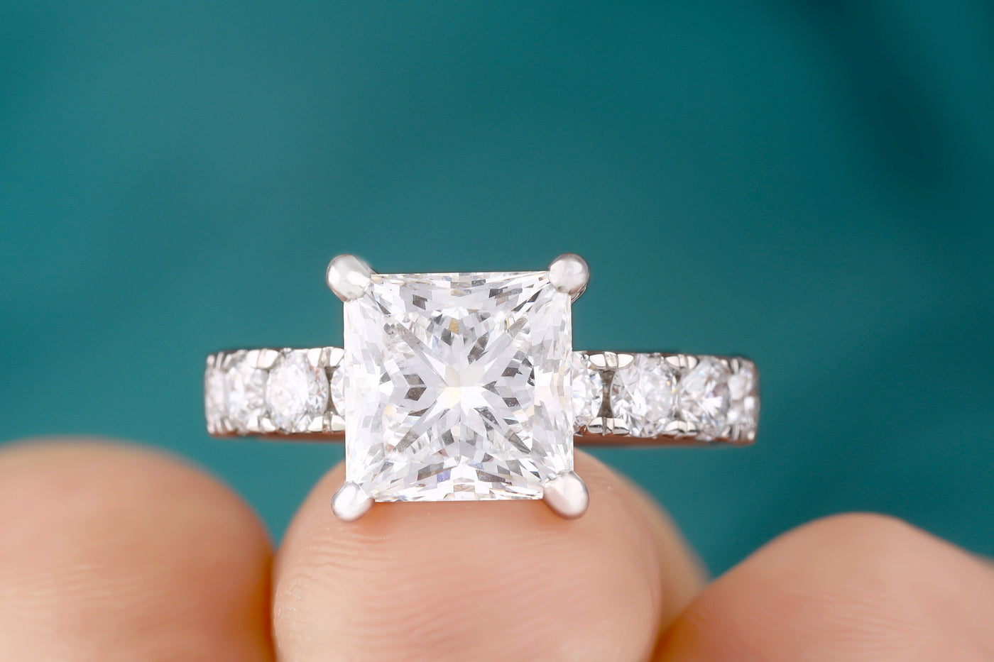 3.5 Ct Princess Cut Colorless Moissanite Engagement Ring, Moissanite Wedding Ring, Solid 14K White Gold Ring, Round Moissanite Eternity Ring