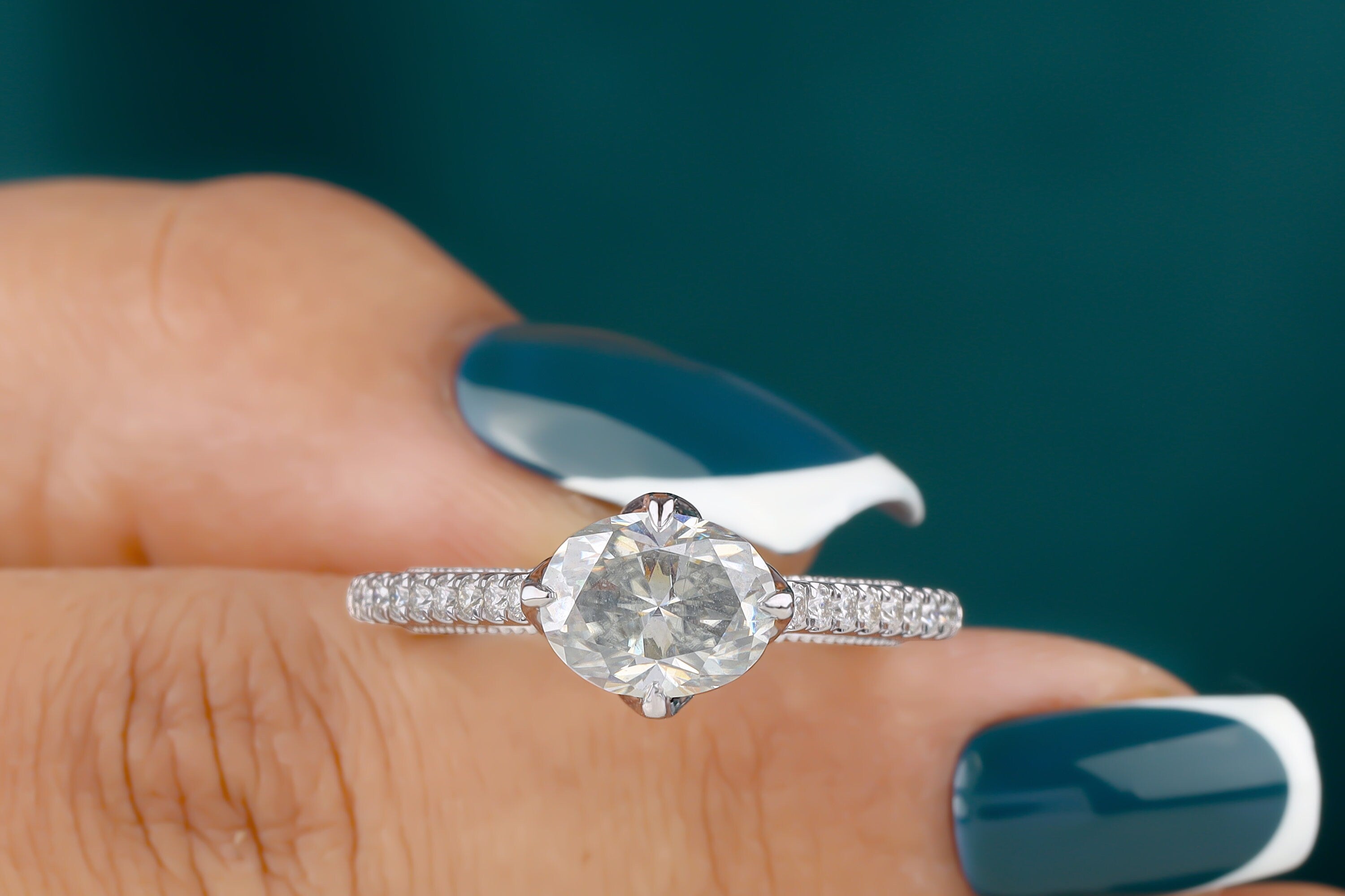2 Ct Oval Cut Grey Moissanite Engagement Ring, Solid 14K White Gold Ring,  Art Deco Antique Women Ring, Moissanite Wedding Ring, Bridal Ring