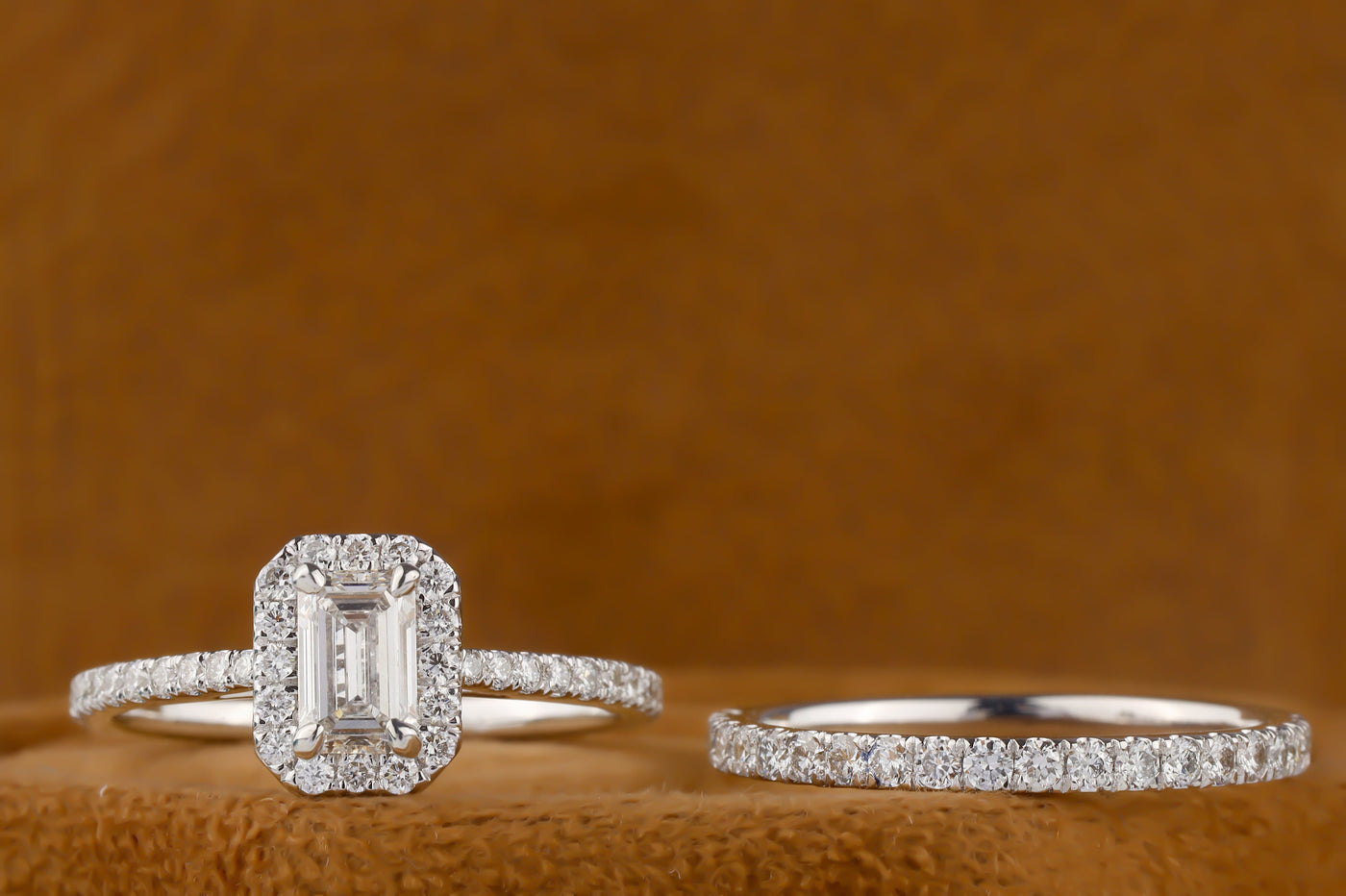 Bridal Ring Set, 6x4 MM Emerald Cut Colorless Moissanite Ring Set, Halo Moissanite Engagement Ring, Solid 14K White Gold Ring, Wedding Ring