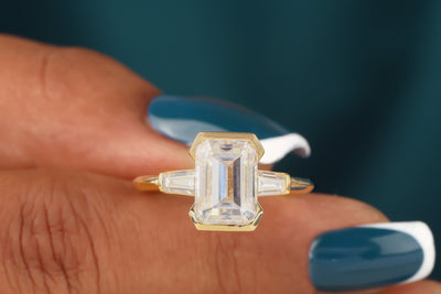 2.50 CT Emerald Cut Colorless Moissanite Engagement Ring, Baguette Three Stone Wedding Ring, 14K Yellow Gold Ring For Her, Half Bezel Ring