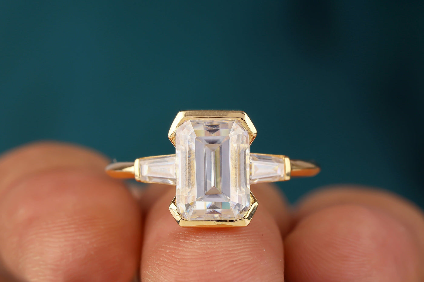 2.50 CT Emerald Cut Colorless Moissanite Engagement Ring, Baguette Three Stone Wedding Ring, 14K Yellow Gold Ring For Her, Half Bezel Ring
