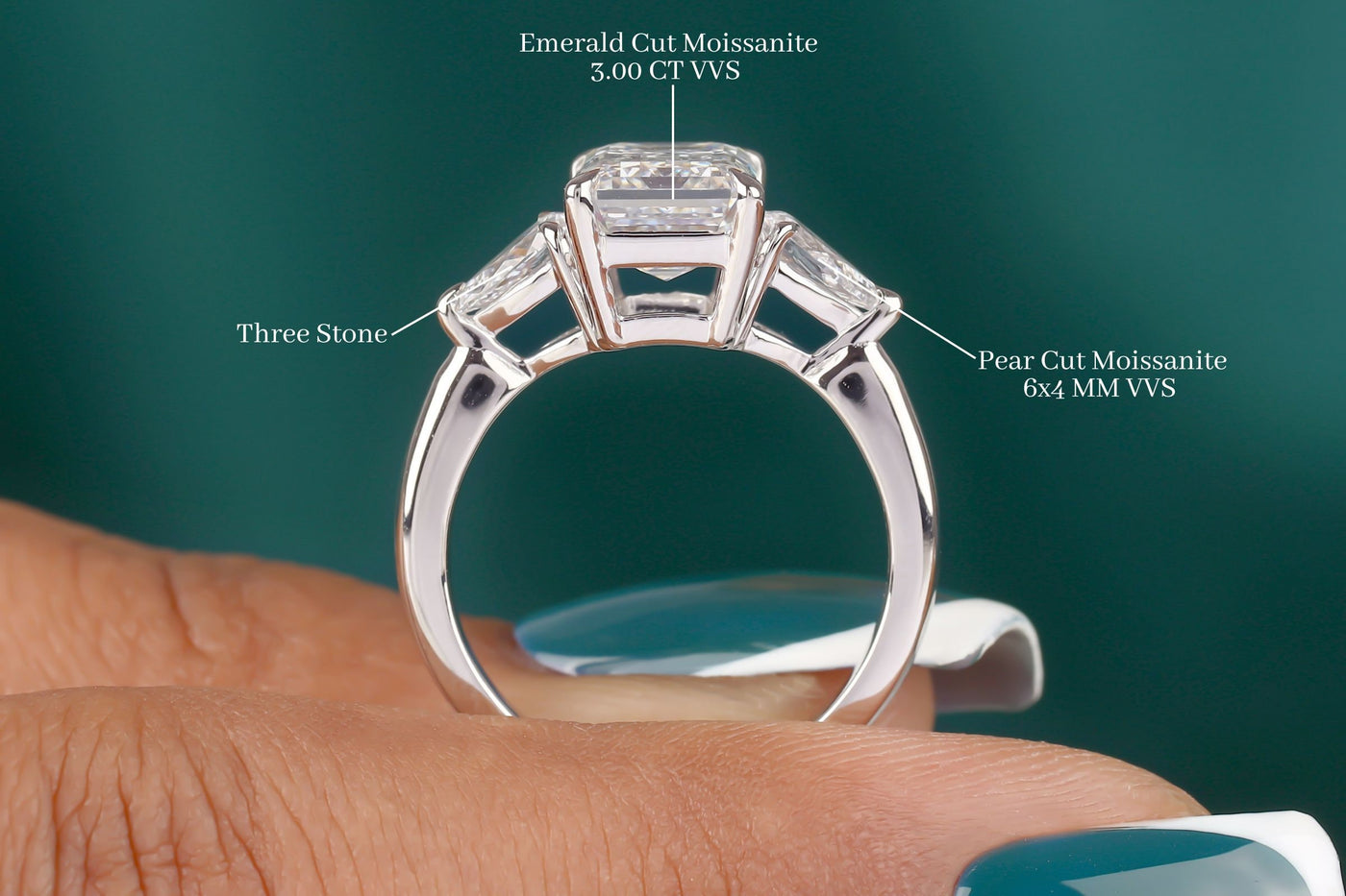 Three Stone Solitaire Ring, 3 CT Emerald Cut Colorless Moissanite Engagement Ring, Solid 14K White Gold Ring, Pear Moissanite Wedding Ring