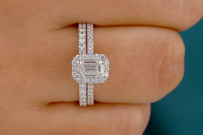 Bridal Ring Set, 6x4 MM Emerald Cut Colorless Moissanite Ring Set, Halo Moissanite Engagement Ring, Solid 14K White Gold Ring, Wedding Ring