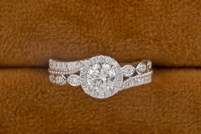 Art Deco Antique Ring, Round Cut Colorless Moissanite Engagement Ring, Solid 14K White Gold Milgrain Ring, Halo Moissanite Wedding Ring Gift