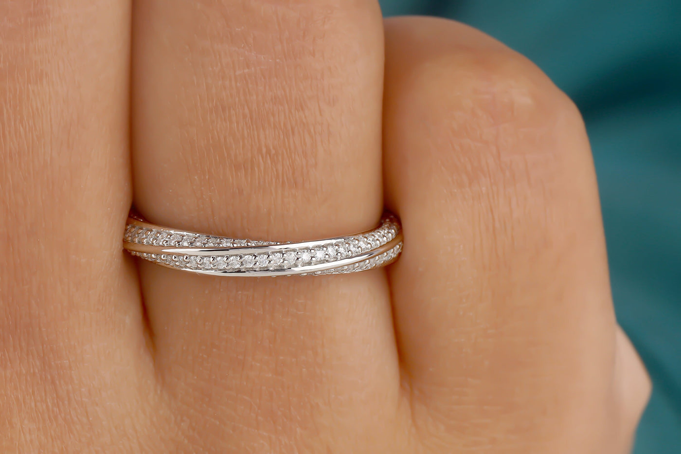 Round Cut Colorless Moissanite Wedding Band, Twisted Shank Band, Solid 14K White Gold Band, Full Eternity Matching Band, Anniversary Band