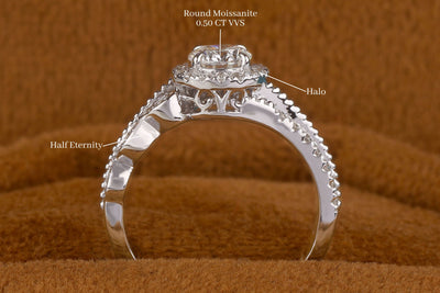 Art Deco Antique Ring, Round Cut Colorless Moissanite Engagement Ring, Solid 14K White Gold Milgrain Ring, Halo Moissanite Wedding Ring Gift