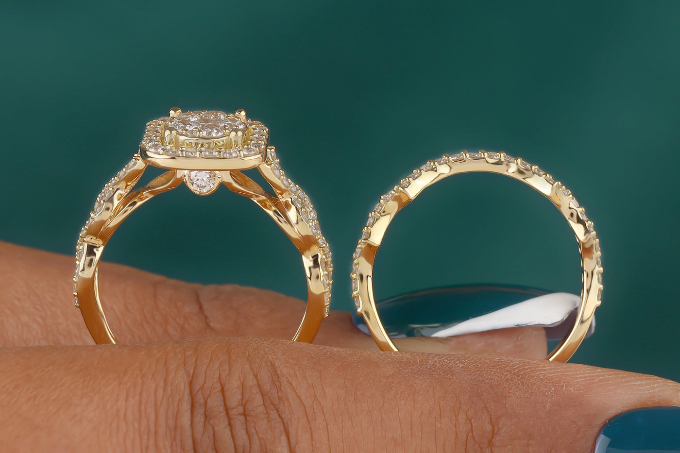Bridal Ring Set, Round Cut Colorless Moissanite Engagement Ring Set, Halo Moissanite Wedding Ring Set, Solid 14K/18K Yellow Gold Ring Set