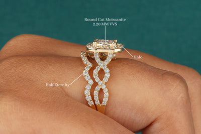Bridal Ring Set, Round Cut Colorless Moissanite Engagement Ring Set, Halo Moissanite Wedding Ring Set, Solid 14K/18K Yellow Gold Ring Set