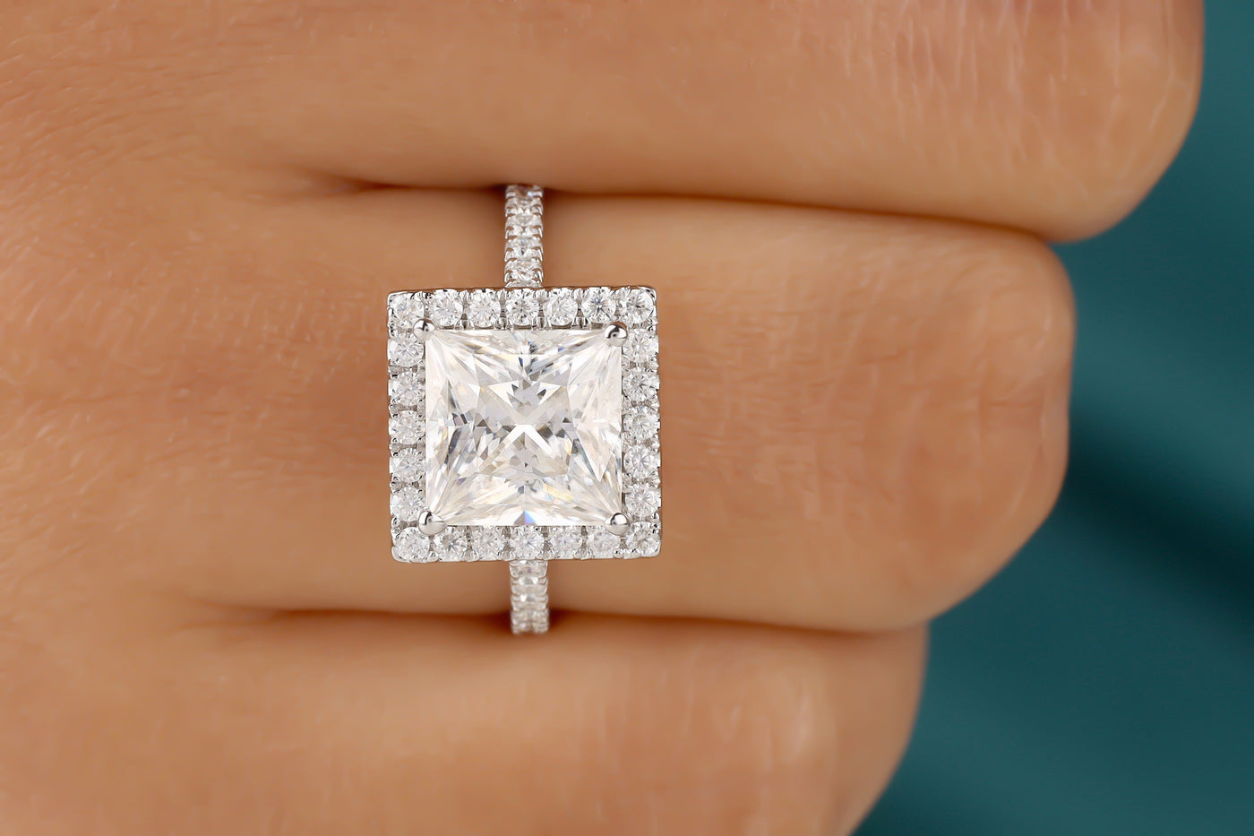 3 Ct Princess Cut Colorless Moissanite Engagement Ring, Halo Moissanite Wedding Ring, Solid 14K White Gold Ring, Half Eternity Bridal Ring