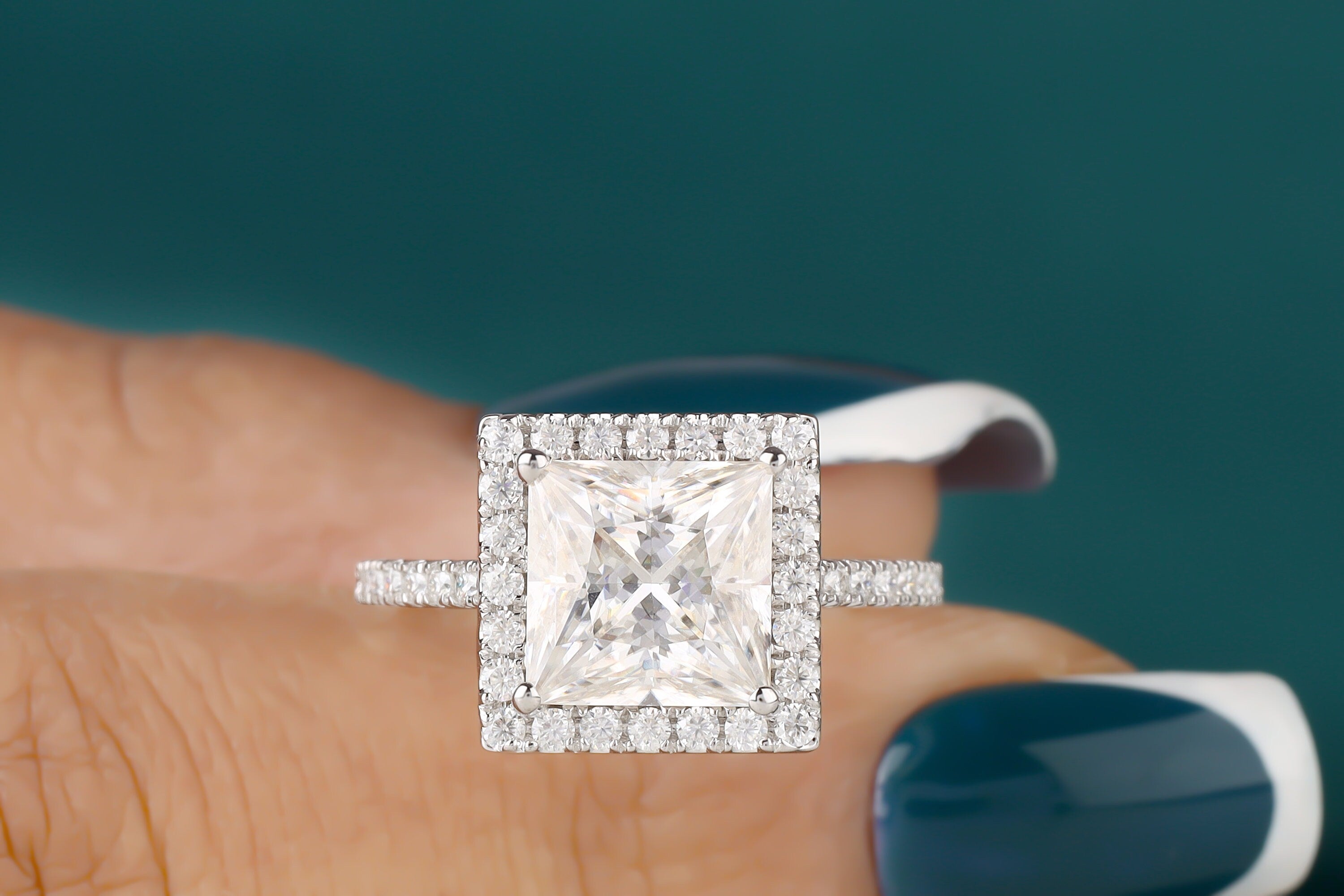 3 Ct Princess Cut Colorless Moissanite Engagement Ring, Halo Moissanite Wedding Ring, Solid 14K White Gold Ring, Half Eternity Bridal Ring