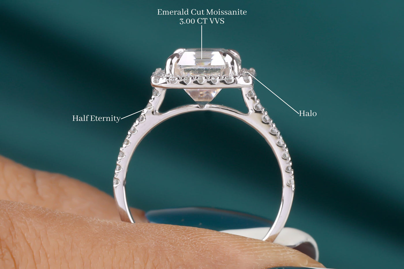 3 CT Emerald Cut Colorless Moissanite Engagement Ring. Halo Moissanite Wedding Ring, Solid 14K White Gold Ring, Anniversary Ring For Women